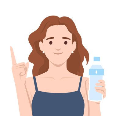 Susuz kalmamanın önemini vurgulamak için elinde su şişesi tutan ve yukarı doğru işaret eden bir kadın. Düz vektör çizimi beyaz arkaplanda izole edildi
