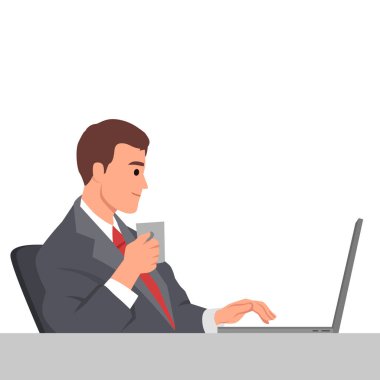 Takım elbiseli profesyonel bir adam laptopuyla çalışırken kahve içmekten hoşlanır, verimlilik. Düz vektör çizimi beyaz arkaplanda izole edildi