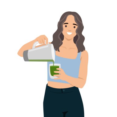 Smiling woman pours a fresh green juice from a pitcher into a glass, healthy lifestyle. Flat vector illustration isolated on white background