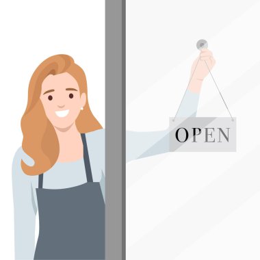 Önlük takan bir kadın kapısına açık tabela asıyor ve müşterileri iş yerine davet ediyor. Düz vektör çizimi beyaz arkaplanda izole edildi