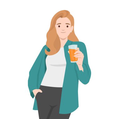 Rahat bir kadın, elinde bir bardak portakal suyu ve şık bir kıyafetle rahatça ayakta duruyor. Düz vektör çizimi beyaz arkaplanda izole edildi