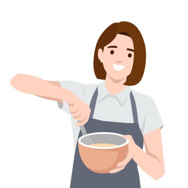 Önlük giymiş gülümseyen bir kadın karışımı karıştırma kabında malzemeleri çırpmaktan mutlu olur, pişirme sürecinde. Düz vektör çizimi beyaz arkaplanda izole edildi