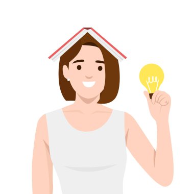 Kitap ve Ampul Fikri Olan Yaratıcı Kadın. Kafasında açık bir kitabı dengeleyen bir kadın. Düz vektör çizimi beyaz arkaplanda izole edildi