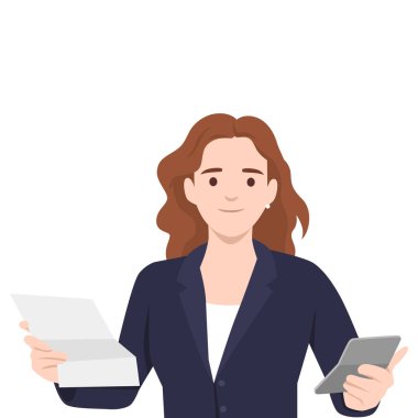 İş kadını, Evrak ve Tablet Yönetimi. Kadının elinde bir belge ve hesap makinesi var. Düz vektör çizimi beyaz arkaplanda izole edildi