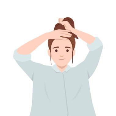 Genç bir kadın hafifçe gülümserken saçlarını topuz şeklinde bağlıyor, açık renk bir gömlek giyiyor. Düz vektör çizimi beyaz arkaplanda izole edildi