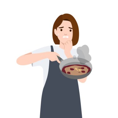 Endişeli kadın elinde bir tava tutuyor. Tabağı beklediği gibi çıkmayınca tedirgin görünüyor. Düz vektör çizimi beyaz arkaplanda izole edildi