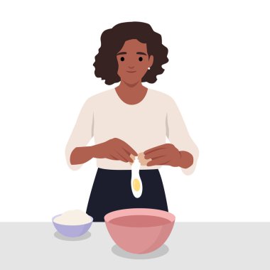 Kadın bir yumurtayı karıştırma kabına kırarken görülmüş, pişirme malzemeleri hazırlıyormuş. Düz vektör illüstrasyonu