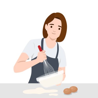 Önlük takan kadın, yumuşak bir gülümsemeyle kek hamuru çırpıyor. Düz vektör illüstrasyonu