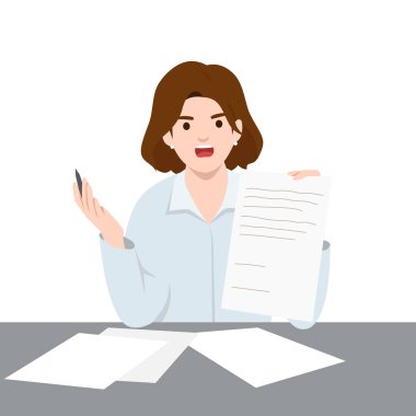 Kızgın kadın bir masada oturuyor, elinde yazılı bir kağıt ve bir kalemle el kol hareketi yapıyor. Düz vektör çizimi beyaz arkaplanda izole edildi