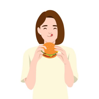 İçerik ifadeli bir Umman lezzetli bir burger yer, ısırmaya hazır. Düz vektör çizimi beyaz arkaplanda izole edildi