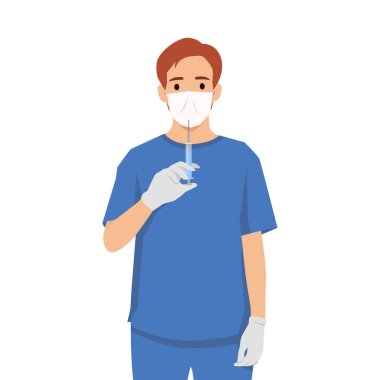 Sağlık görevlisi maske ve eldiven takıyor iğneye hazırlanmak için elinde şırınga tutuyor. Düz vektör çizimi beyaz arkaplanda izole edildi