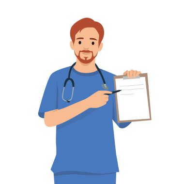 Boynunda steteskop olan mavi önlüklü bir doktor bir belgeyle bir panoya işaret ediyor. Düz vektör çizimi beyaz arkaplanda izole edildi