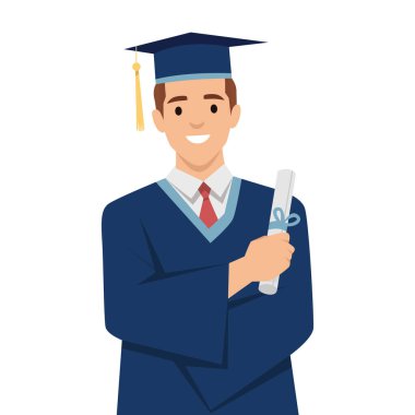 Gururlu Mezuniyet Diploması. Mezuniyet elbisesi ve şapkalı genç adam gururla diplomasını elinde tutuyor. Düz vektör çizimi beyaz arkaplanda izole edildi