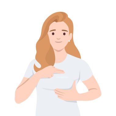 Göğüs Kendini İnceleme Adımını Gösteren Kadın, eğitici bir jest olarak göğsüne işaret ediyor. Düz vektör çizimi beyaz arkaplanda izole edildi