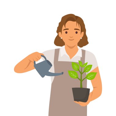 Önlük giymiş bir kadın tencerede yeşil yapraklı bir bitki taşıyor. Bahçıvanlığa özen ve ilgi gösteriyor. Düz vektör çizimi beyaz arkaplanda izole edildi