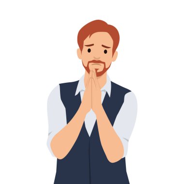 Adam ellerini yalvararak bir arada tutar, pişmanlık gösterir ve affedilmek ister. Düz vektör çizimi beyaz arkaplanda izole edildi