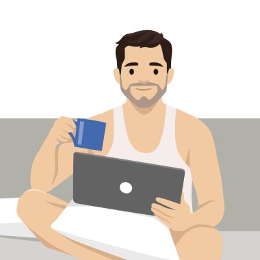 Adam yatakta rahat bir sabah geçirir, kahvesini yudumlar ve laptopuyla rahat bir şekilde çalışır. Düz vektör çizimi beyaz arkaplanda izole edildi