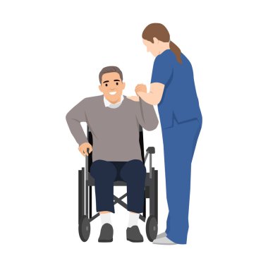 Tekerlekli sandalyedeki yaşlı adam bir bakıcıdan şefkatli yardım alır. Düz vektör çizimi beyaz arkaplanda izole edildi