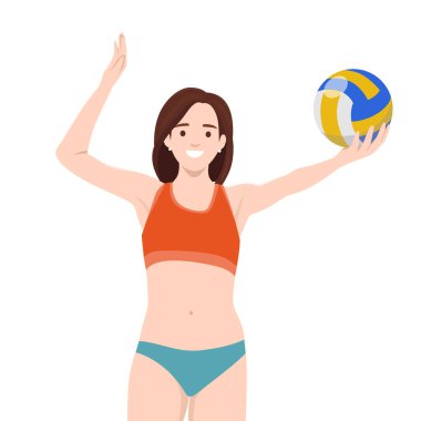 Mutlu kadın bir plaj sporunda voleybol oynamaya, heyecan ve enerji göstermeye hazırlanıyor. Düz vektör çizimi beyaz arkaplanda izole edildi