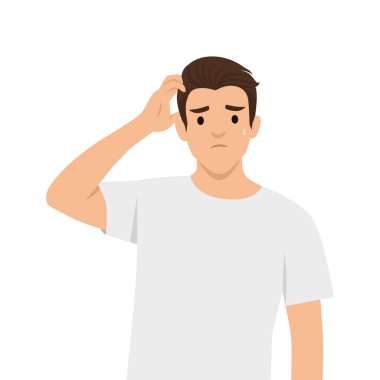 Kafasını kaşıyan kafası karışmış genç adam şaşkın görünüyor. Düz vektör çizimi beyaz arkaplanda izole edildi