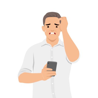 Endişeli Adam telefonda kötü haber okuyor. Düz vektör çizimi beyaz arkaplanda izole edildi