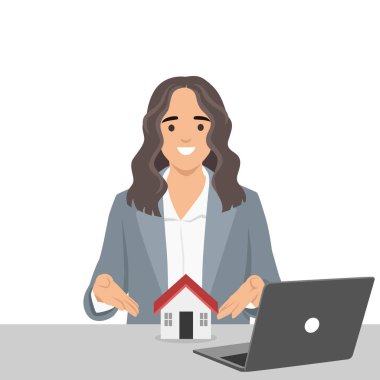 Emlakçı dizüstü bilgisayarda, emlak satışlarında ve müşteri hizmetlerinde çalışan bir model evi gösteriyor. Düz vektör çizimi beyaz arkaplanda izole edildi