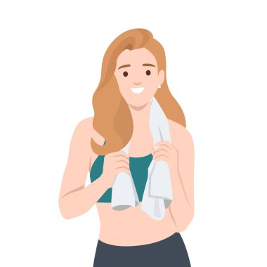 Boynunda havluyla neşeli bir kadın kendine güveniyor. Egzersiz yapmayı yeni bitirdi. Düz vektör çizimi beyaz arkaplanda izole edildi