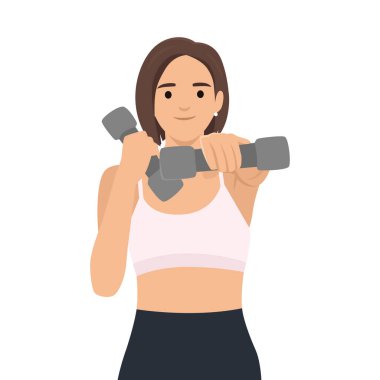 Spor kıyafetli genç bir kadın, odaklanmış ve güçlü bir şekilde dambılları kaldırıyor, spor yapmaya kendini adamış. Düz vektör çizimi beyaz arkaplanda izole edildi