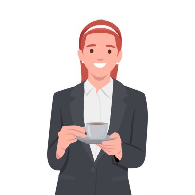 İş kadını kahve molasının tadını çıkarıyor. Düz vektör çizimi beyaz arkaplanda izole edildi