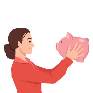 Pembe Domuz Kumbarası Tutan Kadın. Düz vektör çizimi beyaz arkaplanda izole edildi