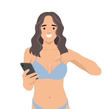 Bikini Holding 'deki Gülümseyen Kadın ve Akıllı Telefon. Düz vektör çizimi beyaz arkaplanda izole edildi
