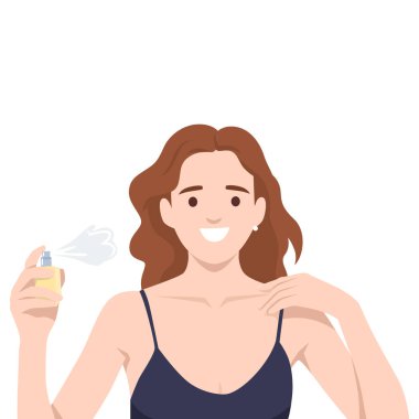 Koyu renk bluzlu neşeli kadın parfüm sıkar, tazelik ve neşe saçar. Düz vektör çizimi beyaz arkaplanda izole edildi