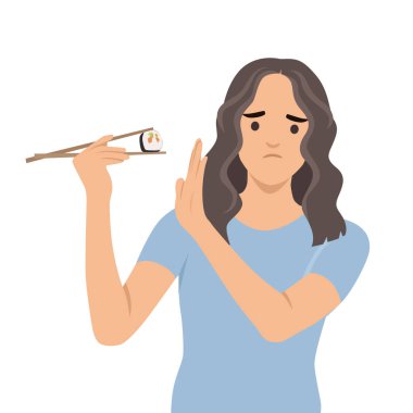 Tereddüt eden bir kadın elinde yemek çubuklarıyla suşi tutarken eliyle 