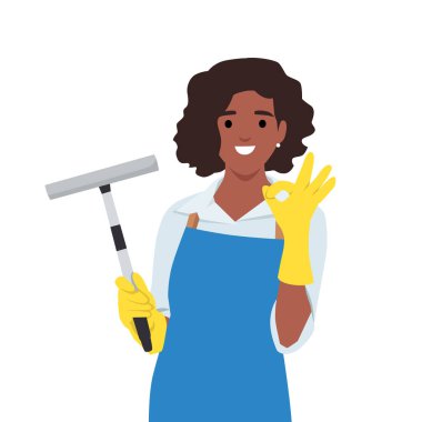 Temizlik eldiveni ve önlük giyen bir kadın, elinde pijama tutarken iyi bir el hareketi yapıyor. Düz vektör çizimi beyaz arkaplanda izole edildi