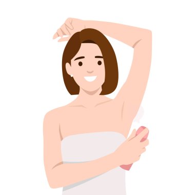 Havluya sarılmış bir kadın koltuk altına deodorant sıkar, tazeliği ve hijyeni teşvik eder. Düz vektör çizimi beyaz arkaplanda izole edildi