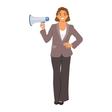 Kendine güvenen kadın megafonu tutuyor. Düz vektör çizimi beyaz arkaplanda izole edildi