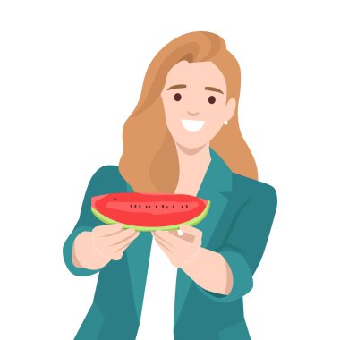 Deniz mavisi ceketli mutlu kadın bir dilim taze karpuz sunar. Düz vektör çizimi beyaz arkaplanda izole edildi