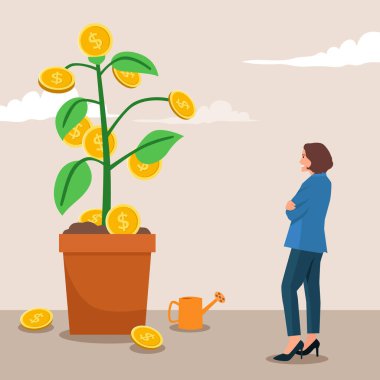 Kadın, altın para yetiştiren bir saksı bitkisinin önünde güven içinde duruyor, finansal yatırım yapıyor. Düz vektör çizimi beyaz arkaplanda izole edildi