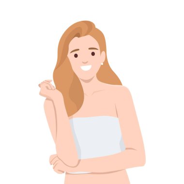 Beyaz askısız bluzlu bir kadın, bir kolu yukarı eğilmiş, kendine güvenen parlak bir şekilde gülümsüyor. Düz vektör çizimi beyaz arkaplanda izole edildi