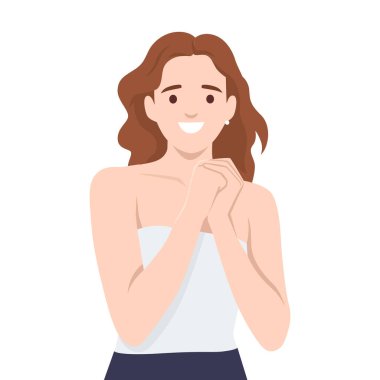 Dalgalı kahverengi saçlı ve parlak gülüşlü bir kadın ellerini göğsünün önünde birbirine yapıştırıyor. Düz vektör çizimi beyaz arkaplanda izole edildi