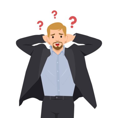 Endişeli takım elbiseli adam kafasında soru işaretleriyle şaşkına dönmüş görünüyor. Düz vektör çizimi beyaz arkaplanda izole edildi