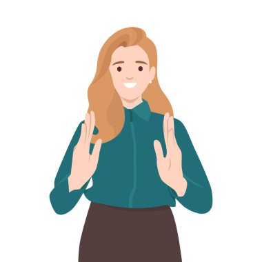 Uzun sarı saçlı bir kadın iki eli havada el hareketi yaparken sıcak bir şekilde gülümsüyor. Düz vektör çizimi beyaz arkaplanda izole edildi