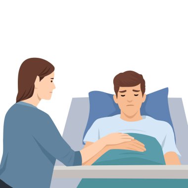 Kadın hastane yatağında bir adamın yanında oturuyor ve iyileşme sürecinde ona destek oluyor. Düz vektör çizimi beyaz arkaplanda izole edildi