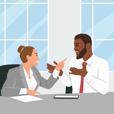 Beyaz arka planda izole edilmiş düz vektör illüstrasyonunda iki iş arkadaşı arasında tartışma başlar