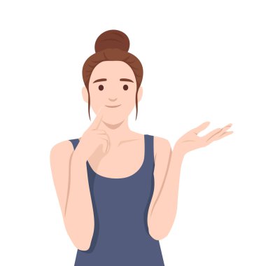 Derin düşüncelere dalmış bir kadın diğer elini tutarken çenesini işaret ediyor. Düz vektör çizimi beyaz arkaplanda izole edildi