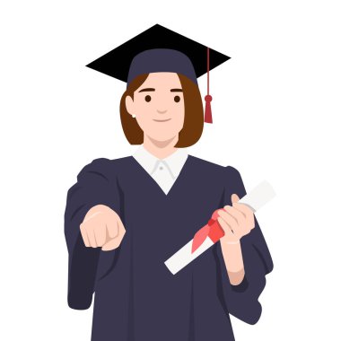 Şapka ve cüppeli genç mezun, diplomasını tutarken yumruk hareketi yapıyor. Düz vektör çizimi beyaz arkaplanda izole edildi