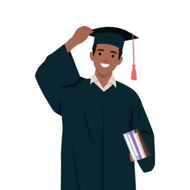 Mezuniyet elbisesi ve şapkası içindeki genç adam kitapları tutuyor ve gururla gülümsüyor, başarılı akademik yolculuk. Düz vektör çizimi beyaz arkaplanda izole edildi