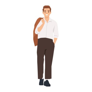 Akıllı Gündelik Giyimli Kendine güvenen İş Adamı, omzunun üzerinde bir ceket tutuyor. Düz vektör çizimi beyaz arkaplanda izole edildi