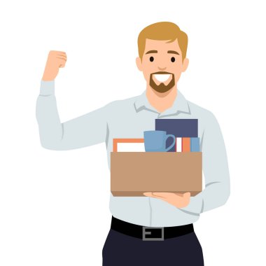 Mutlu Adam yeni bir işe başlıyor, yeni bir başlangıç ya da yeni bir fırsat. Düz vektör çizimi beyaz arkaplanda izole edildi