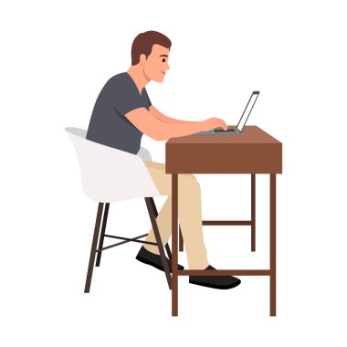 Koyu renk tişörtlü ve bej pantolonlu bir adam bir masada oturuyor ve dizüstü bilgisayarına konsantre oluyor. Düz vektör çizimi beyaz arkaplanda izole edildi